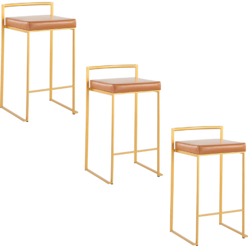 Fuji 26" Stackable Counter Stool in Gold & Camel Leatherette (Set of 3)